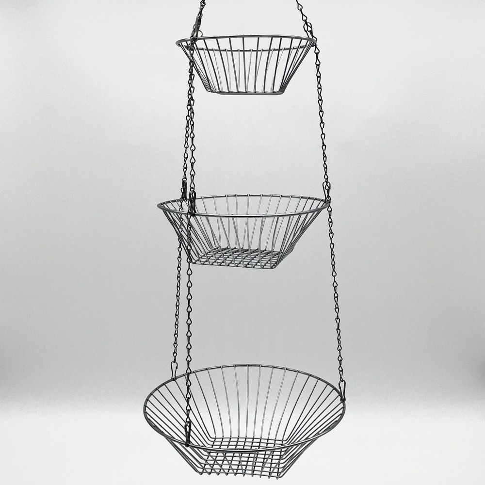 Vintage Hanging Fruit Basket 3-Tier 7/9/11in Silver Wire Mesh Organizer Sturdy
